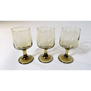 Pfaltzgraff Village Wine Glasses Stemmed Glass 4 oz Etched Brown Vintage Set/3